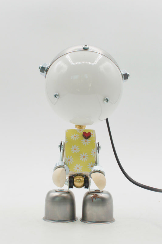 Robot kodama lampada da tavolo bianca e metallica con testa sferica lucida e torso floreale fatta a mano