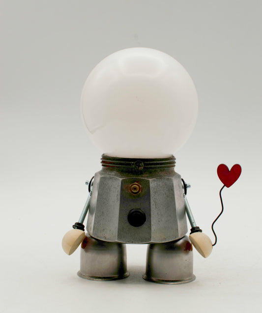 Lampada da tavolo robot mok USB type-c ricaricabile fatta a mano con corpo grigio scuro e testa bianca liscia