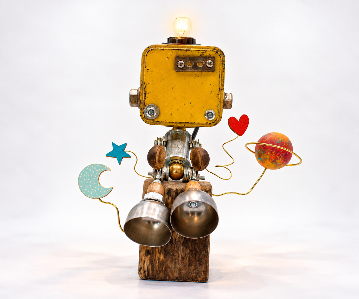 Lampada da scrivania steampunk con globo color pesca, ingranaggi metallici, tubi e decorazioni di biliardo stelle cuori e nuvole in lampade rebot