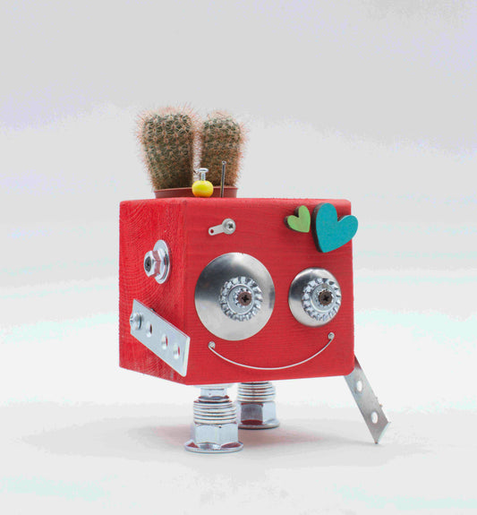 Vaso a forma di robot. Porta pianta in legno fatto a mano