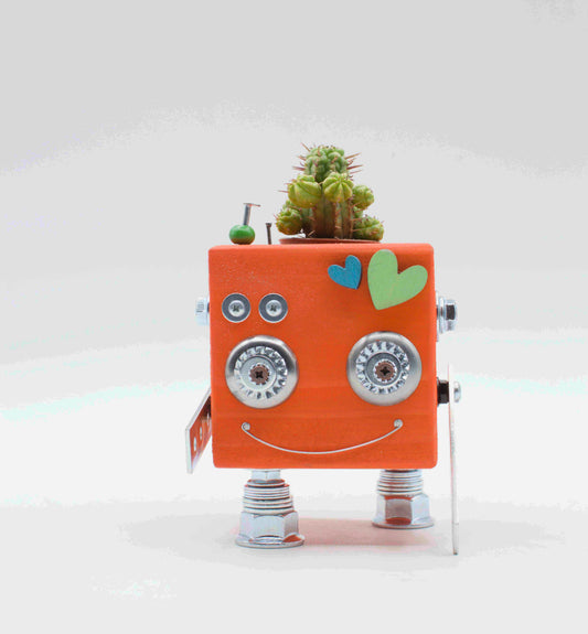 Vaso a forma di robot. Porta pianta in legno fatto a mano