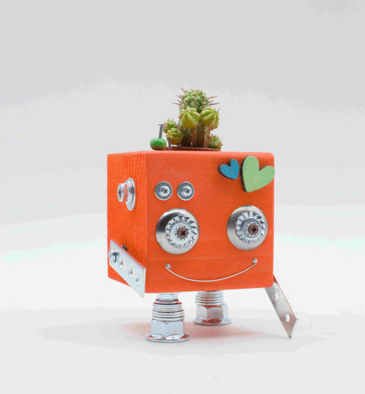 Vaso a forma di robot. Porta pianta in legno fatto a mano