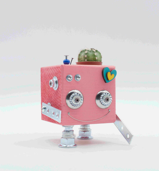 Vaso a forma di robot. Porta pianta in legno fatto a mano