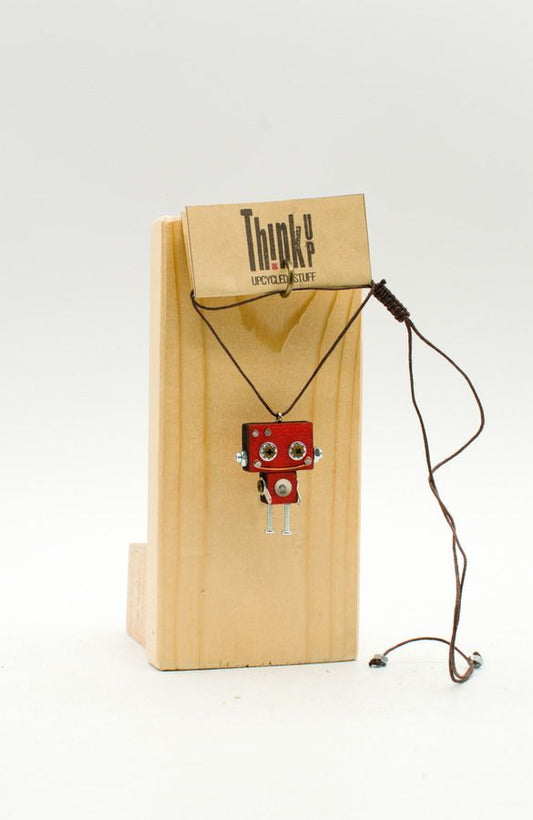 Ciondolino robot in legno tagliato a laser. Collana pendente fatta a mano