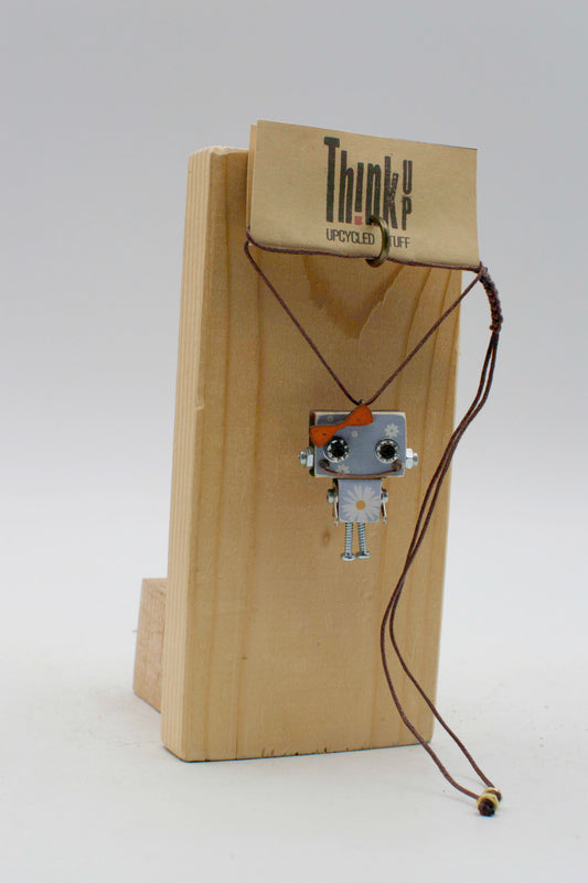 Ciondolino robot in legno tagliato a laser con finitura metallica argento e nero pelle artigianale con fiori