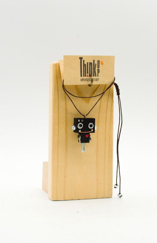 Ciondolino robot in legno tagliato a laser nero con dettagli argento e cordoncino marrone collana pendente fatta a mano