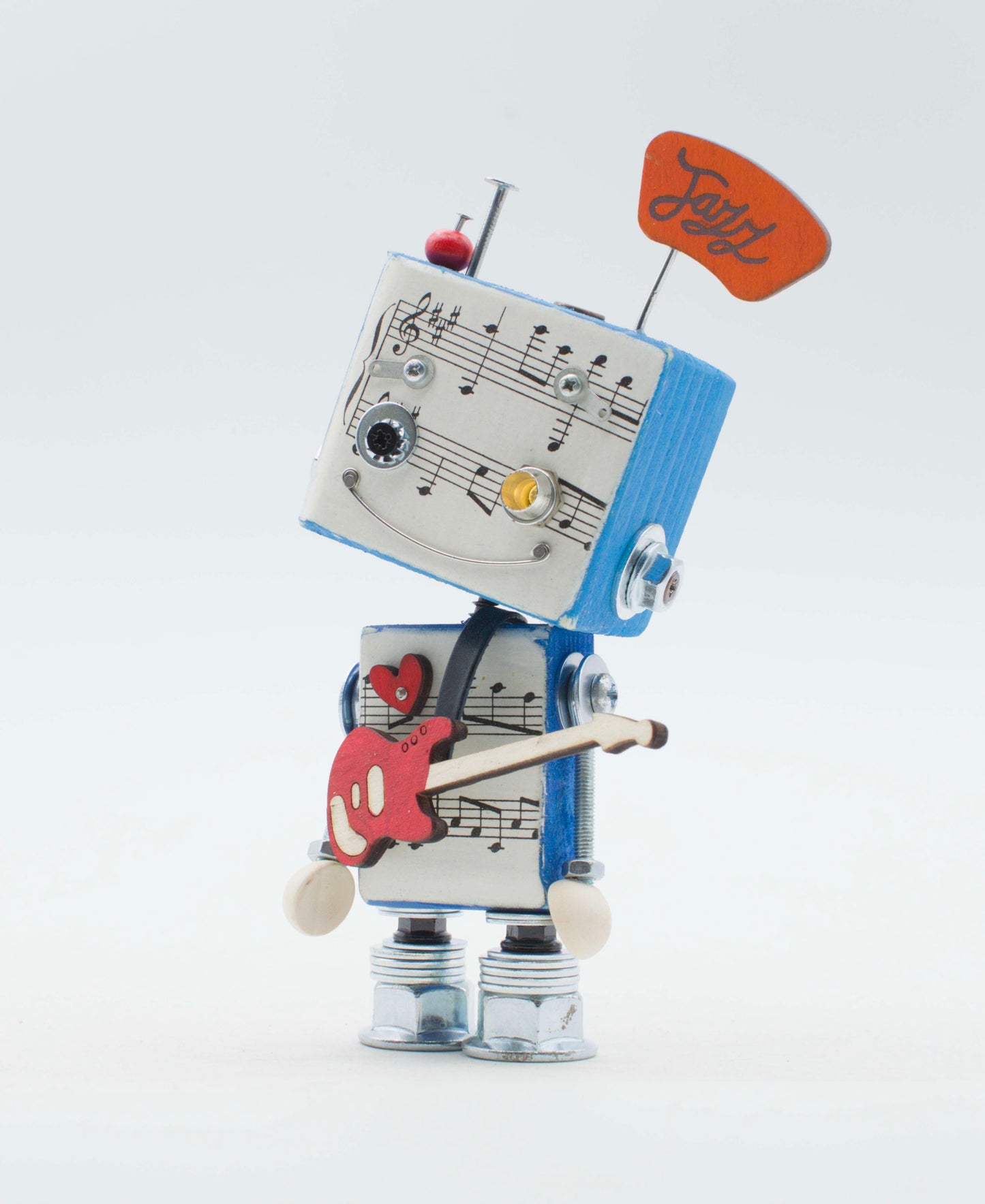 Lampada di legno a batteria stile robot musica blu e bianco con foglio di note musicali e plettro rosso