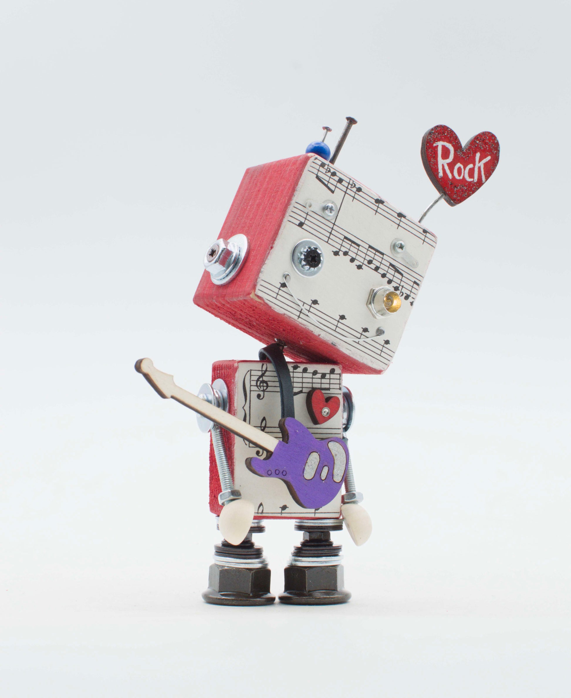 Lampada di legno a batteria stile robot musica rosso e bianco con chitarra e motivi di spartiti fatta a mano