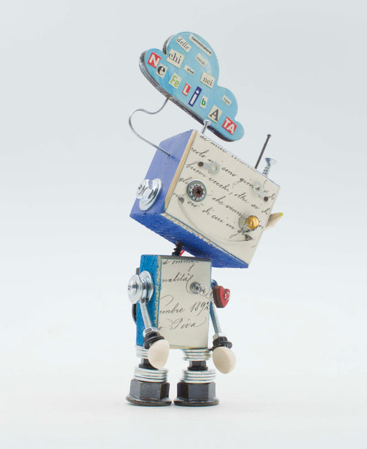 Lampada di legno robot giocattolo blu e bianco con testa a nuvola e lettere colorate modello letterino fatta a mano