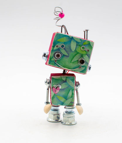 Luce di cortesia robot toys lampada di legno a batteria fatta a mano con corpo quadrato e carta verde a foglie rosa