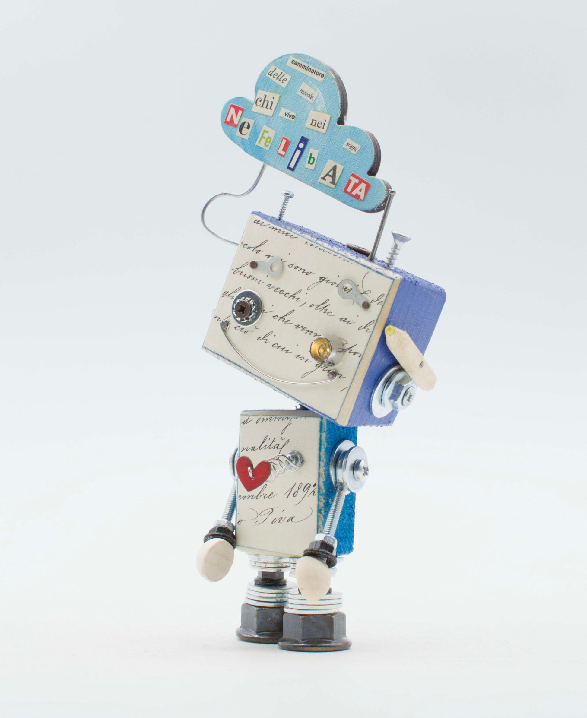 Lampada robot giocattolo luce di cortesia blu e bianca con testa a nuvola in carta vintage e bulloni in metallo