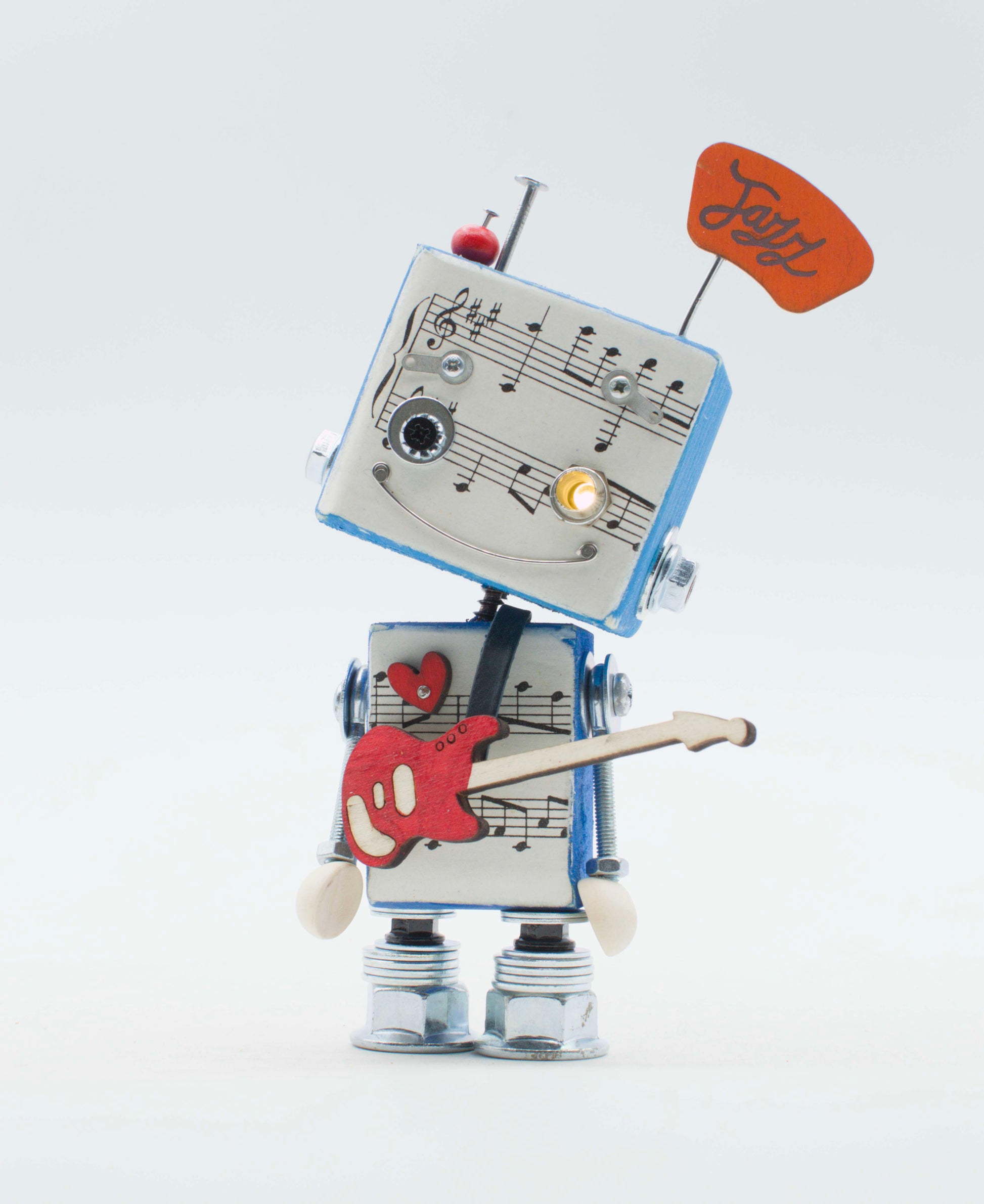 Lampada di legno a batteria stile robot vintage con corpo a tema spartiti musicali e accessori colorati jazz