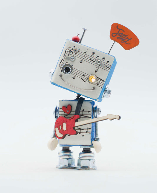 Lampada di legno a batteria stile robot vintage con corpo a tema spartiti musicali e accessori colorati jazz
