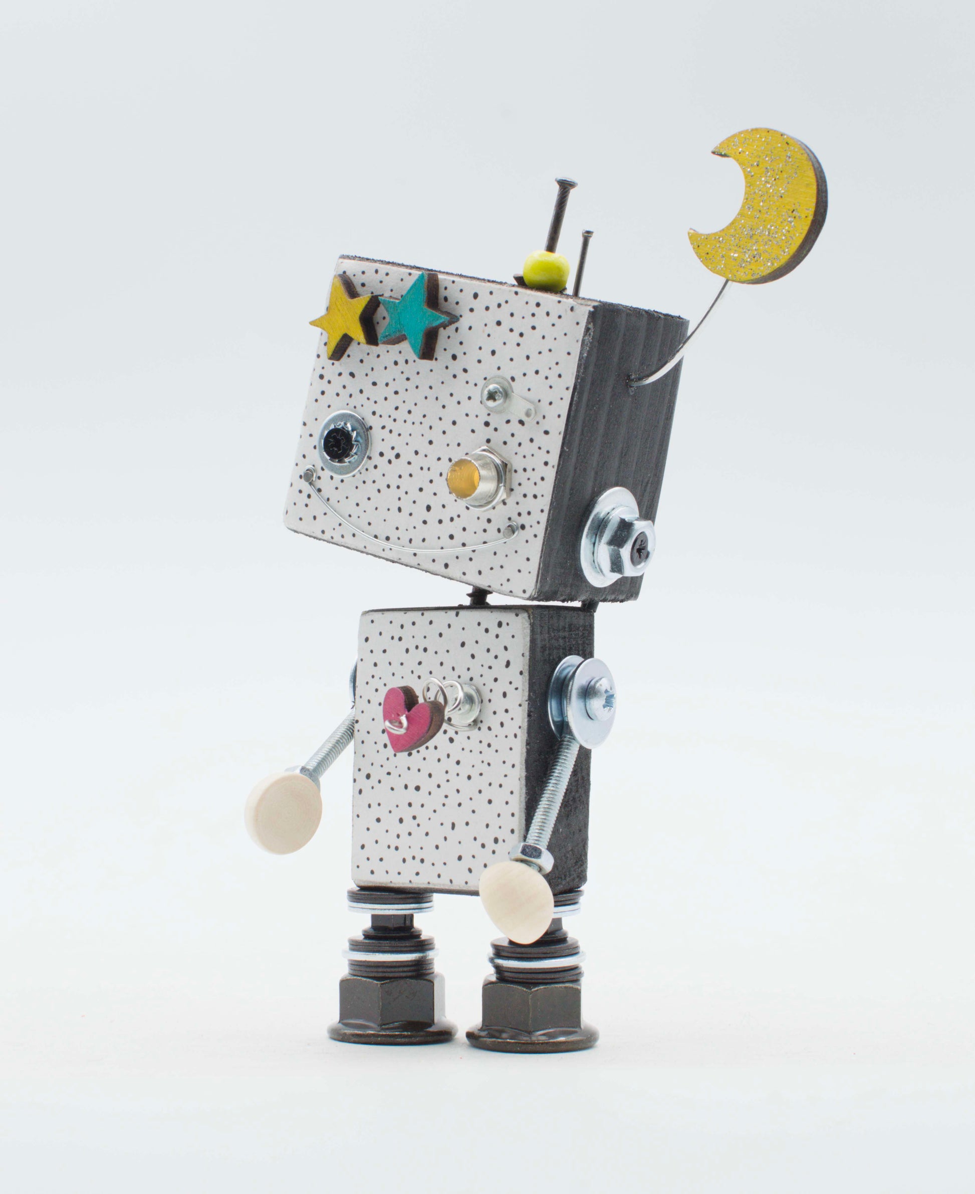 Lampada robot giocattolo luce di cortesia in legno e metallo con stelle colorate e antenna luna glitterata fatta a mano
