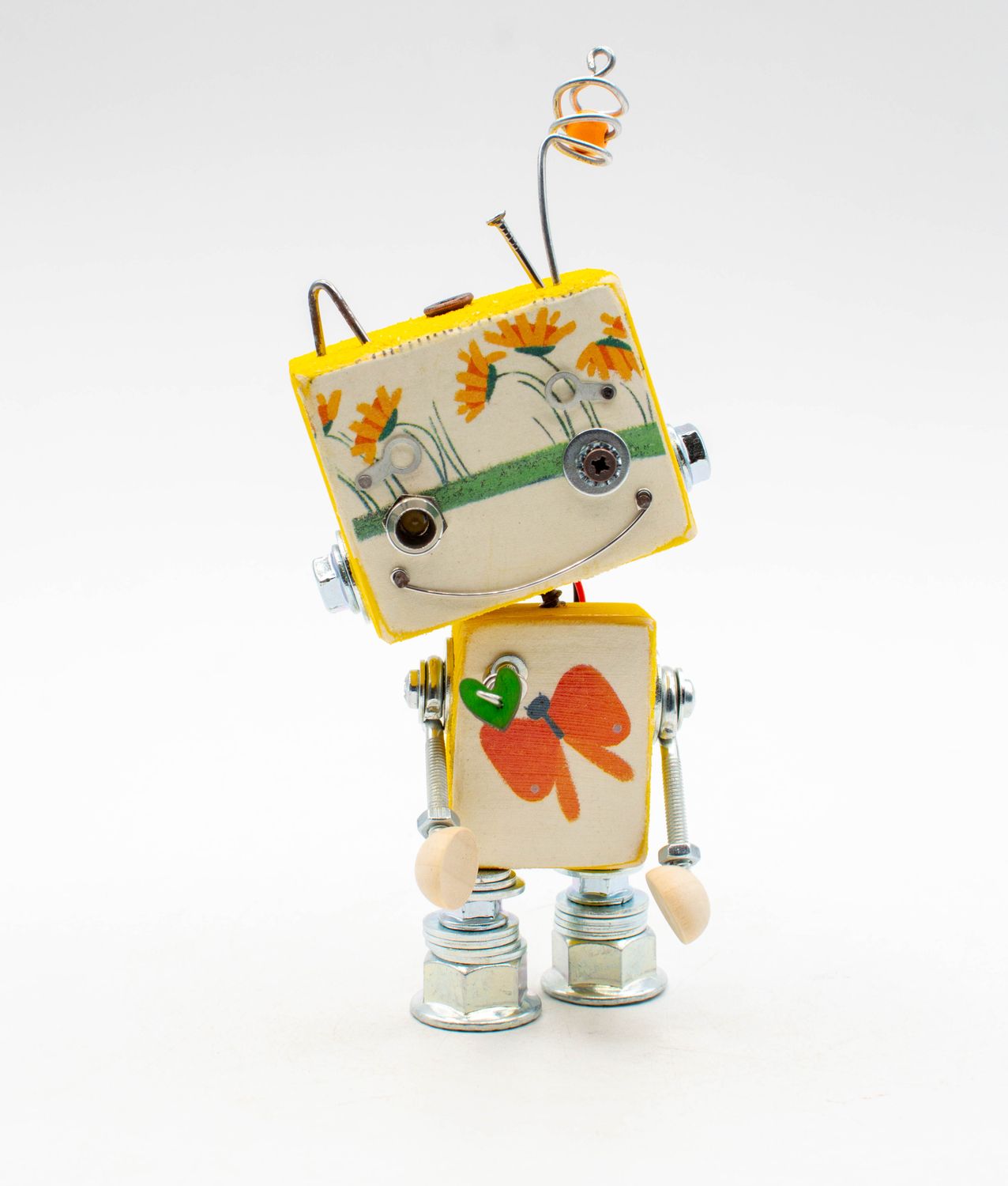 Lampada di legno a batteria stile robot vintage giallo crema con denti di leone dipinti e decorazioni colorate fatta a mano