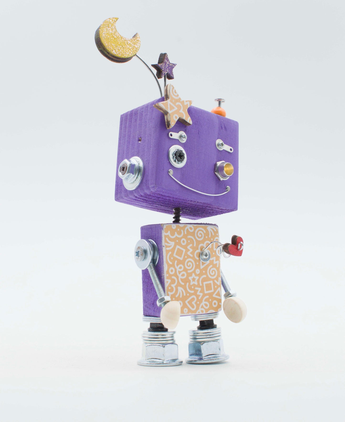 Robot giocattolo a cubo viola in legno e metallo con stella e luna, lampada da cortesia a batteria modello illustrato
