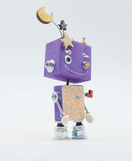 Robot giocattolo a cubo viola in legno e metallo con stella e luna, lampada da cortesia a batteria modello illustrato