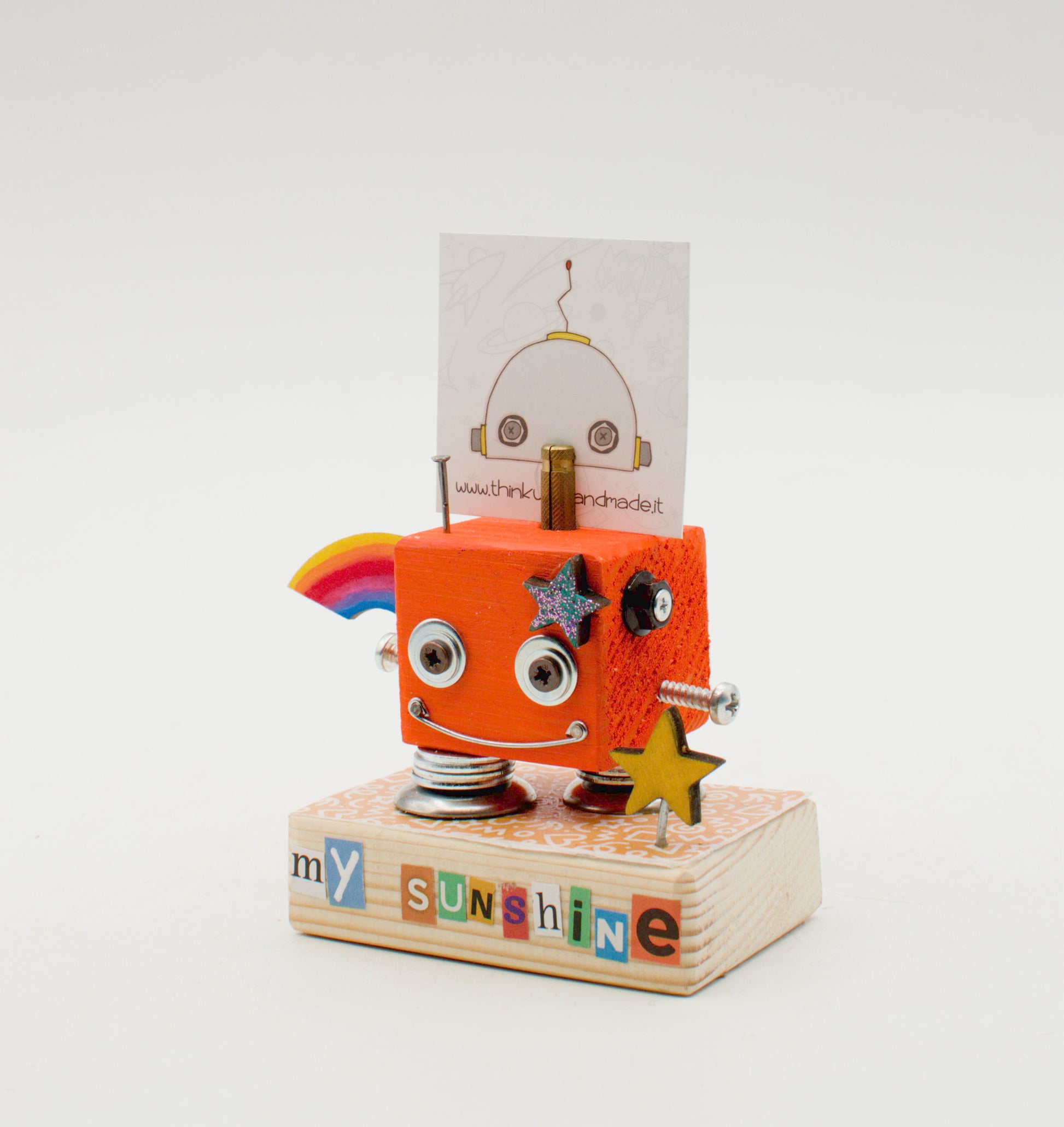 Portafoto da tavolo robot my sunshine rosso vivo a forma di cubo con occhi metallici e viso sorridente fatto a mano