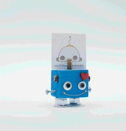 Porta foto da tavolo robot in azzurro chiaro stampato in 3d con occhi mobili cuore rosa e dettagli metallici