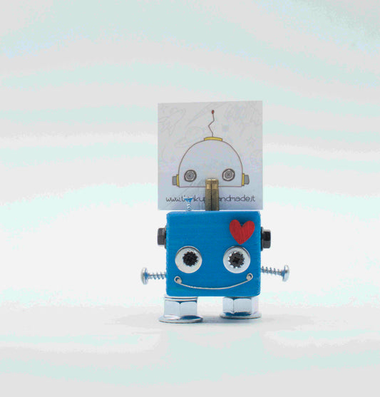 Portafoto da tavolo robot turchese con occhi mobili cuore rosa e braccia metalliche fatto a mano