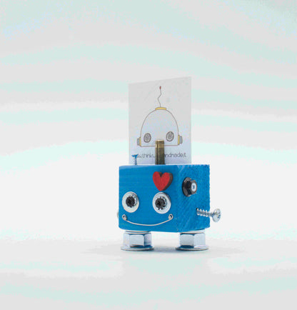 Portafoto da tavolo robot in legno azzurro con occhi mobili cuore rosa e dettagli metallici fatto a mano