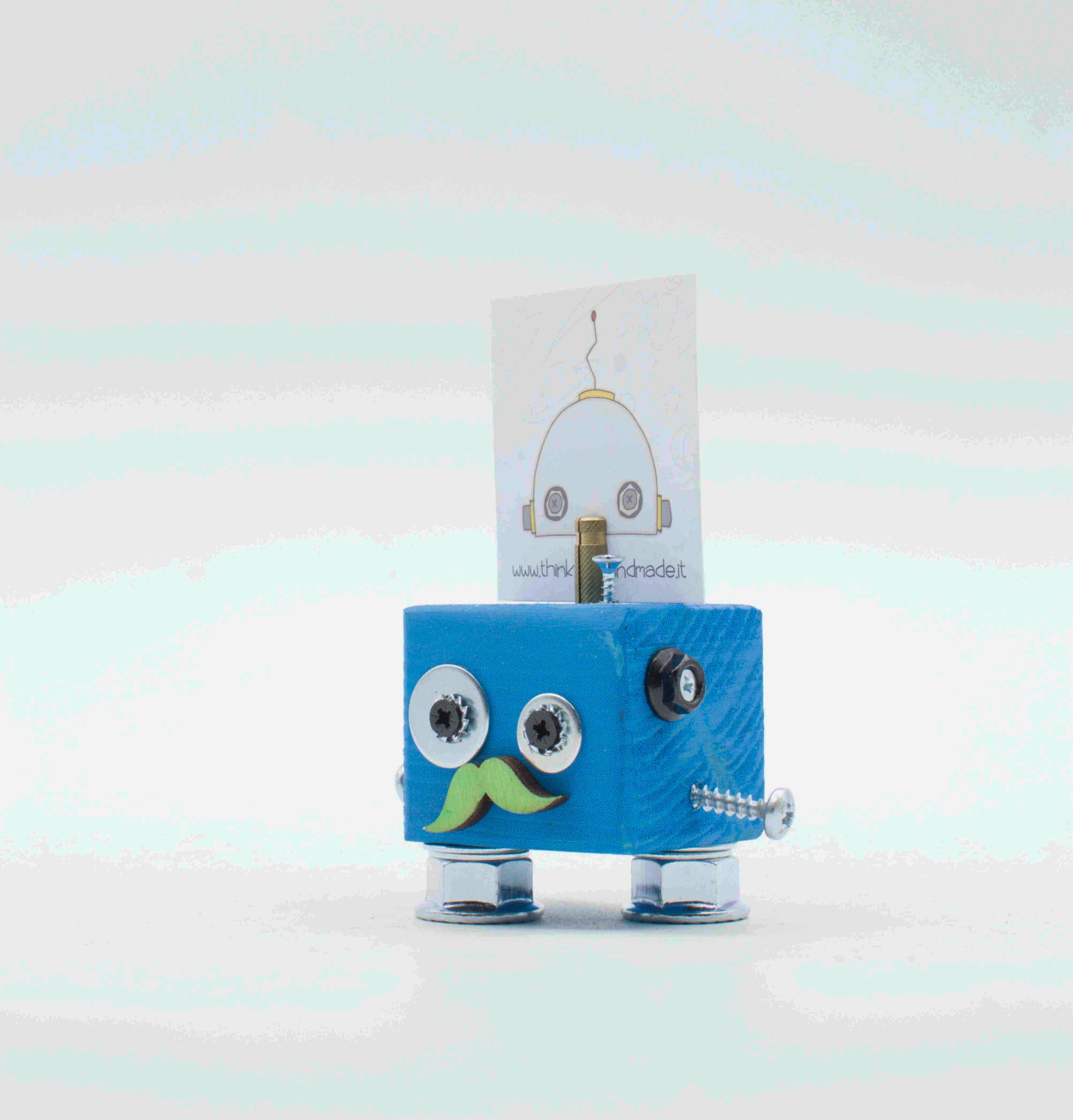 Portafoto da tavolo robot in legno fatto a mano a forma di robot celeste con occhi mobili e gambe metalliche argento