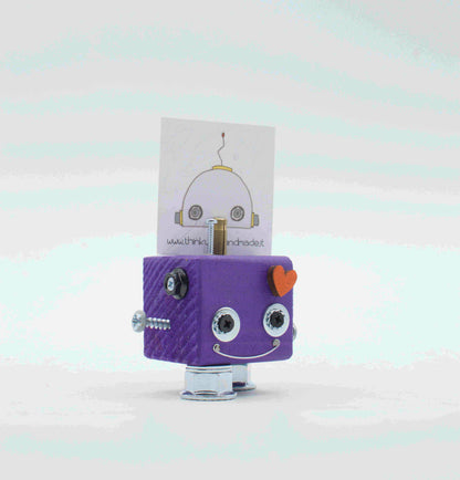 Portafoto da tavolo robot viola a forma di cubo con occhi argento, sorriso e cuore pesca fatto a mano