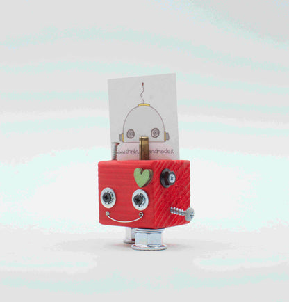 Portafoto da tavolo robot rosa in legno con occhi argento cuore e dettagli metallici fatto a mano
