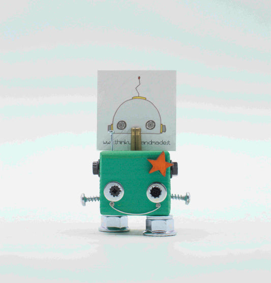 Portafoto da tavolo robot in verde menta con occhi a vite argento, stella decorativa e piedi trasparenti in plastica