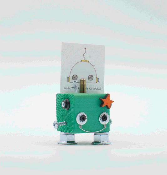 Portafoto da tavolo robot verde menta con occhi metallici argento stelle e gambe cromate fatto a mano
