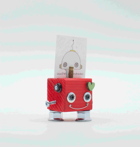 Portafoto da tavolo robot in legno rosa con occhi metallici argento cuore e gambe cromate fatto a mano
