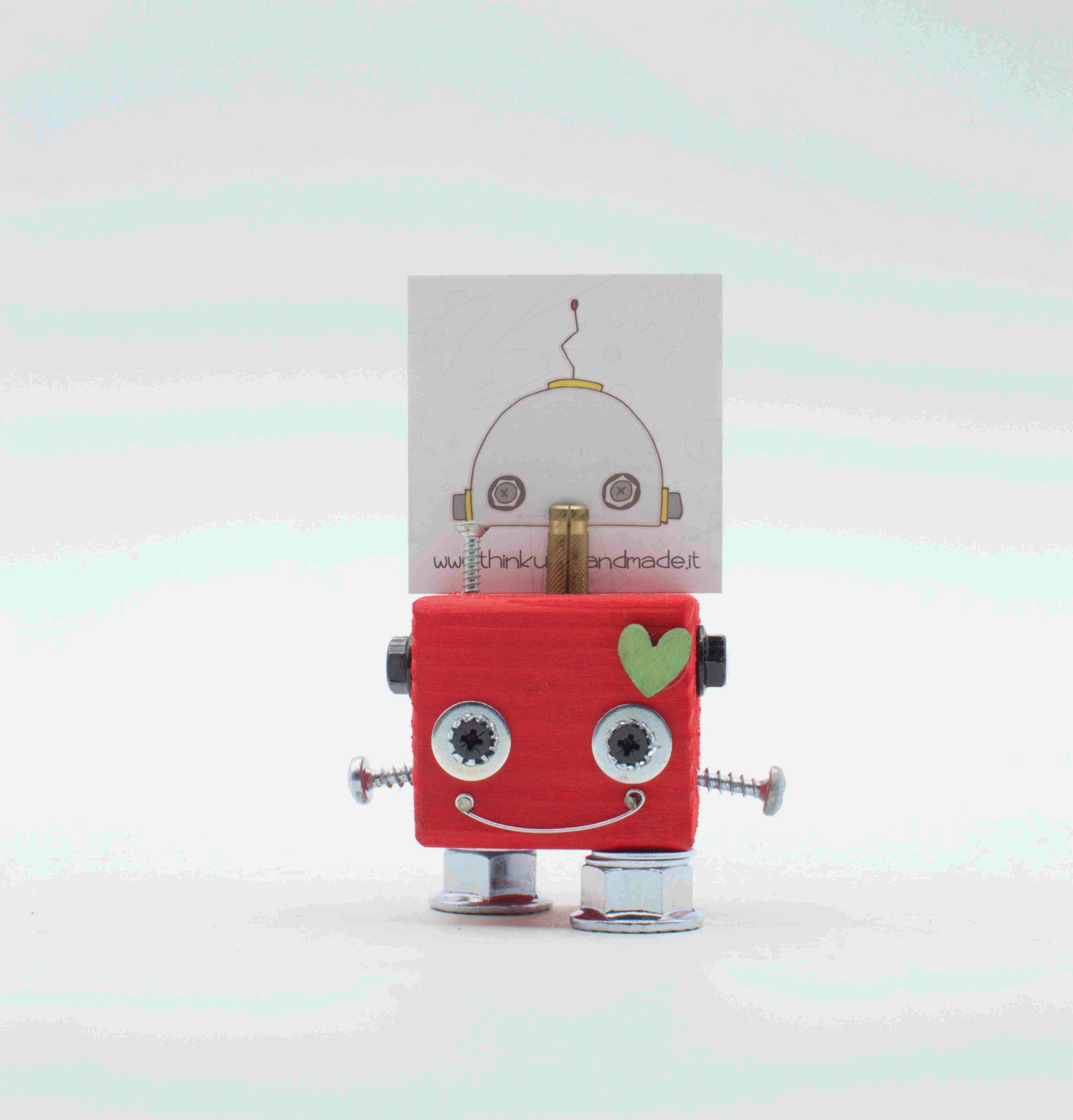 Portafoto da tavolo robot rosa con occhi metallici argento cuore sulla guancia e braccia a vite fatto a mano