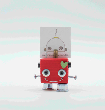 Portafoto da tavolo robot rosa con occhi metallici argento cuore sulla guancia e braccia a vite fatto a mano