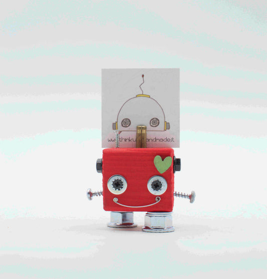 Portafoto da tavolo robot rosa con occhi metallici argento cuore sulla guancia e braccia a vite fatto a mano
