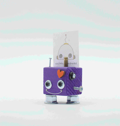 Portafoto da tavolo robot viola con occhi metallici argento, cuore rame e gambe cromate fatto a mano