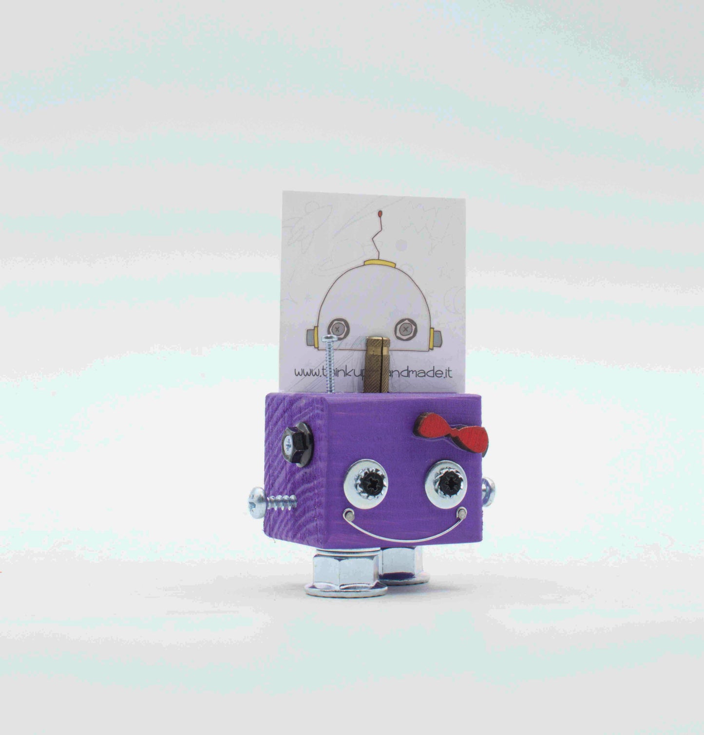 Portafoto da tavolo robot viola a forma di cubo con occhi argento fiocco rosa e giunti metallici fatto a mano