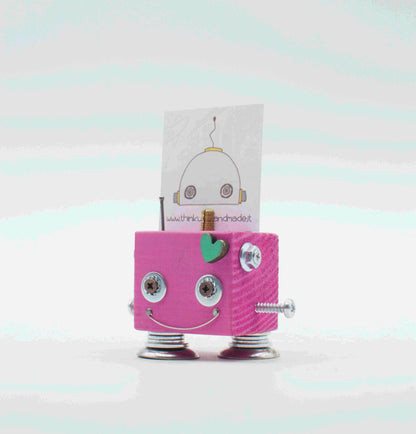 Portafoto da tavolo robot in legno rosa con occhi vite argento cuore verde menta e gambe a molla fatto a mano