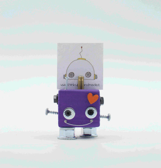 Portafoto da tavolo robot in legno viola con braccia a vite dargento occhi mobili e cuore arancione fatto a mano