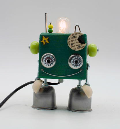 Graziosa lampada creata robot lampada da tavolo cubot verde scuro con occhi lime e dettagli metallici fatta a mano
