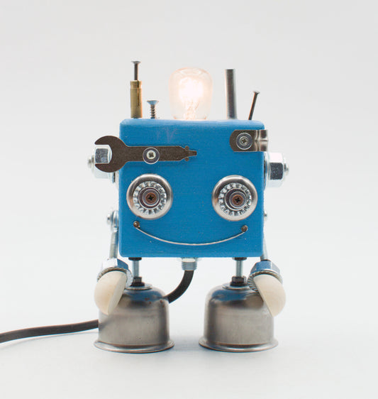 Lampada da tavolo cubot blu con bulbo luminoso metallici e braccia a chiave inglese fatta a mano per comodino