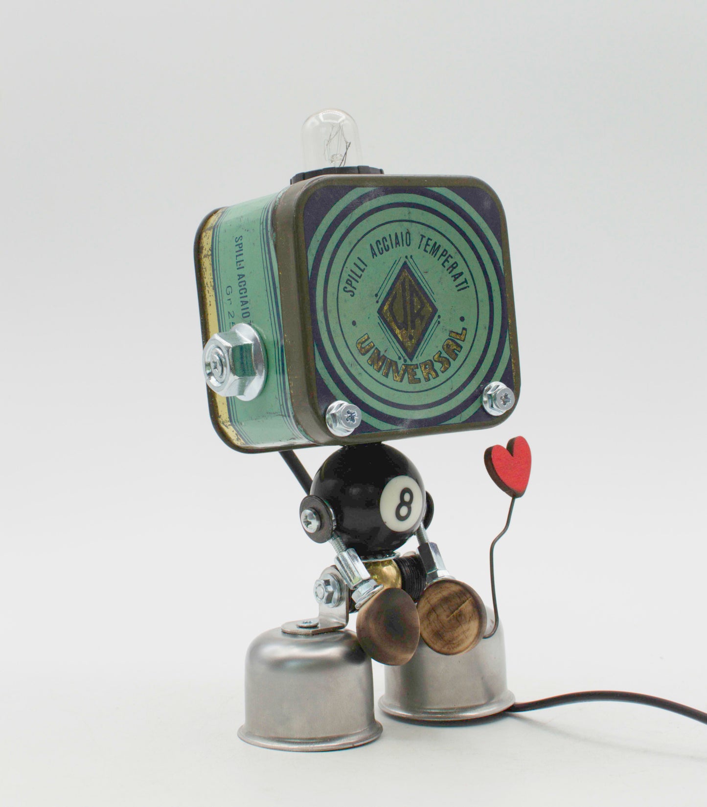Graziosa lampada creata robot lampada in stile tavolo stile fanale con corpo in latta verde e nero e parti in ottone