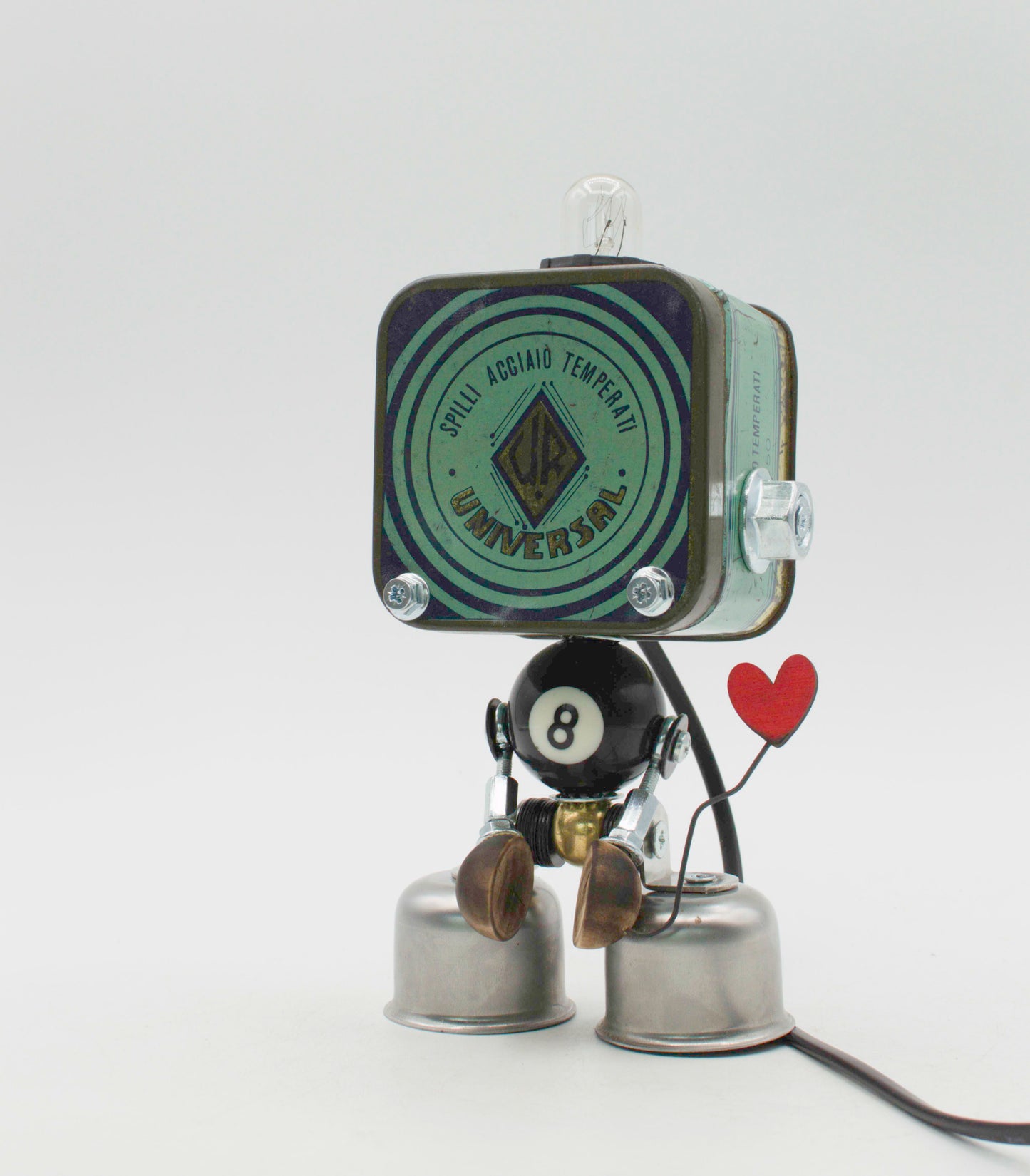 Graziosa lampada creata a mano robot lampada con testa vintage verde e nera e corpo a palla da biliardo