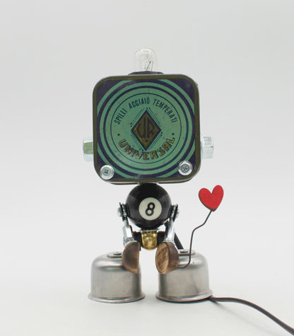Graziosa lampada creata a mano robot lampada da tavolo stile fanale con testa vintage e corpo a palla da biliardo nero e argento