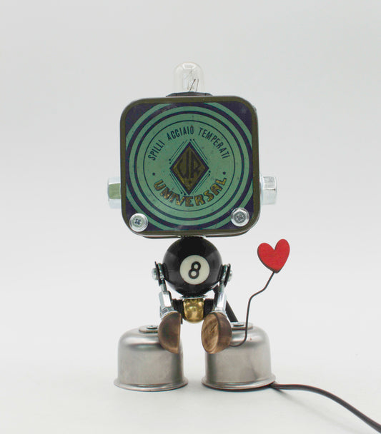 Graziosa lampada creata a mano robot lampada da tavolo stile fanale con testa vintage e corpo a palla da biliardo nero e argento