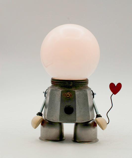 Robot lampada da tavolo stile moka usb type-c ricaricabile in metallo scuro con lampadina sferica bianca e palloncino rosso