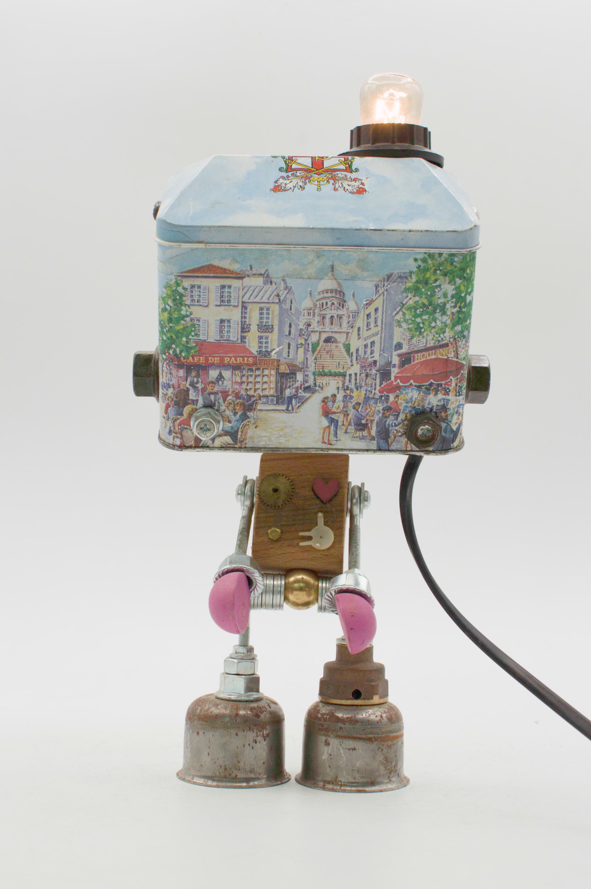 Robot lampada da tavolo stile parigi con testa scatola in latta dipinta e giunti rosa graziosa lampada creata