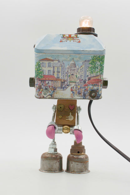 Robot lampada da tavolo stile parigi con testa scatola in latta dipinta e giunti rosa graziosa lampada creata