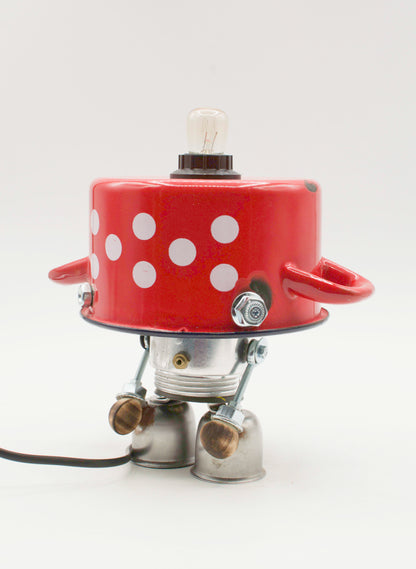 Robot lampada da tavolo pentolino in metallo rosso a pois con gambe metalliche e bulbo di vetro fatta a mano