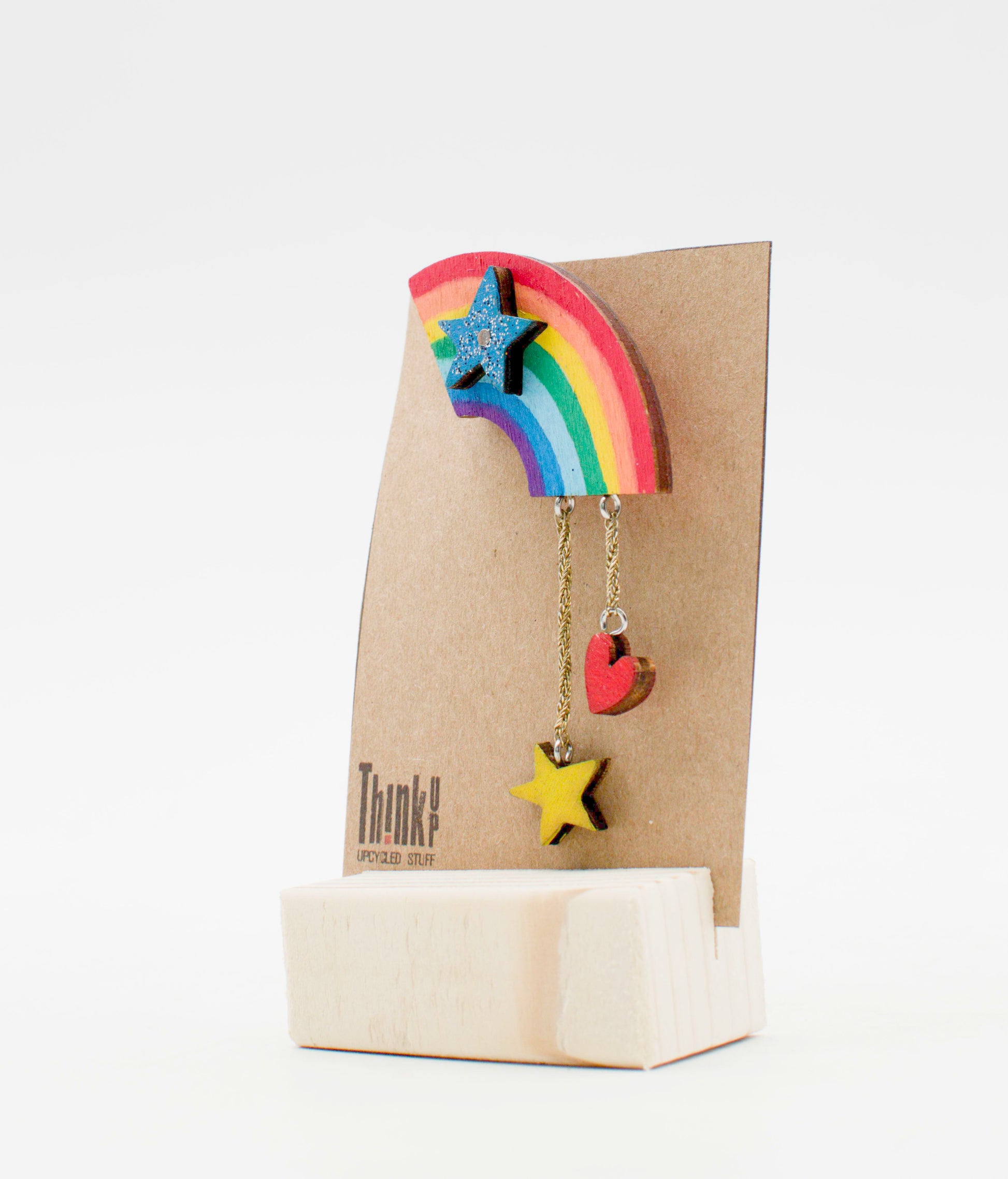 Spilla robot pezzo unico in legno tagliato a laser a forma di arcobaleno con stella glitterata blu e ciondoli colorati