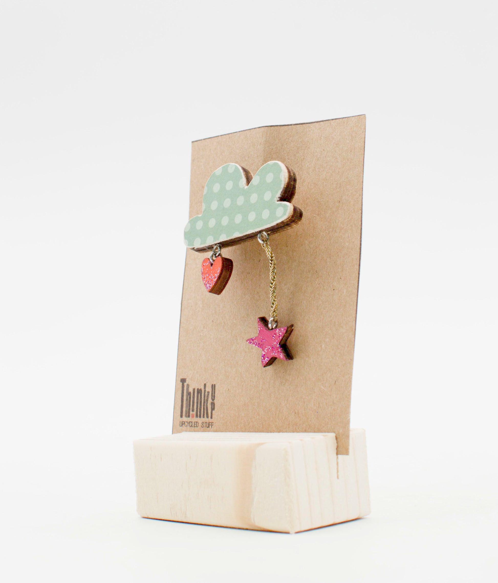 Spilla robot in legno tagliato mint verde con pois e pendenti a cuore rosso e stella rosa glitter pezzo unico